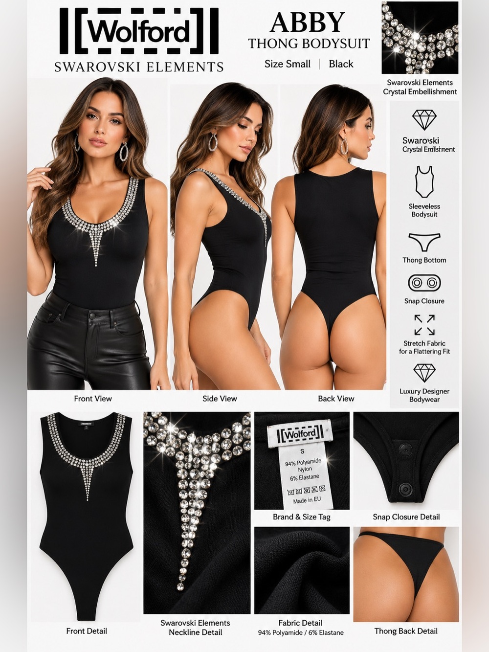 Wolford Abby Swarovski Elements Thong Bodysuit Black Size Small Crystal